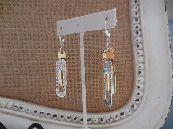 Two Tone Rectangular Blue Topaz Dangle Earrings 9… - image 5