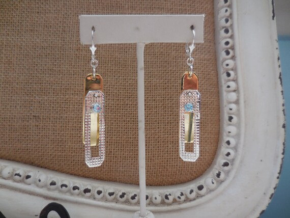 Two Tone Rectangular Blue Topaz Dangle Earrings 9… - image 4
