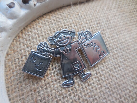 Save the Children Smiling I Love Shopping Girl with a Heart Vintage Pin / Brooch