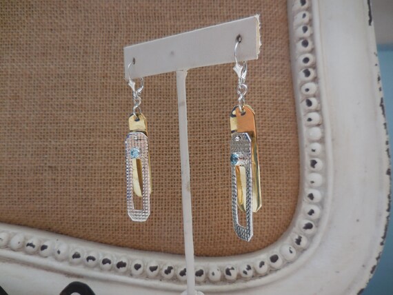 Two Tone Rectangular Blue Topaz Dangle Earrings 9… - image 6