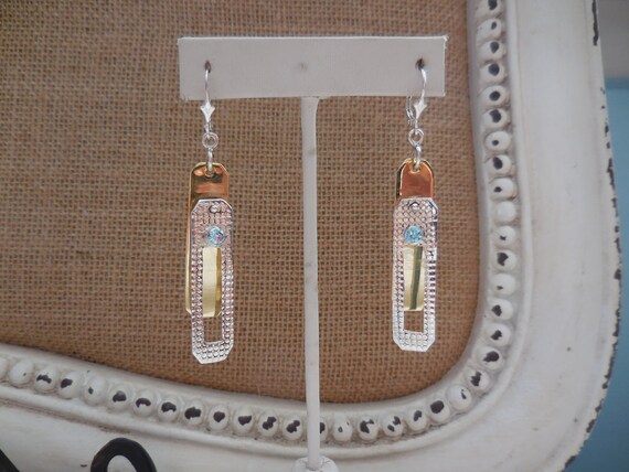 Two Tone Rectangular Blue Topaz Dangle Earrings 9… - image 3
