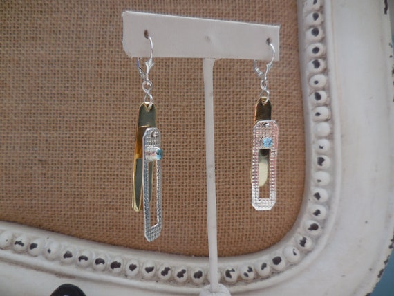 Two Tone Rectangular Blue Topaz Dangle Earrings 9… - image 2