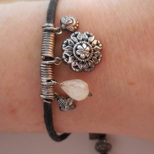 Dangle Charm Leather and Sterling Silver Adjustable Drawstring Bracelet Moonstone & Ornate Charms