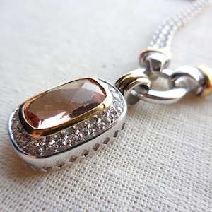 Vintage Peach Quartz & Cubic Zirconia Two Tone Fancy Choker Necklace 16 Inches Heavy Sterling Silver