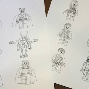 Galactic Brick Figures - Vertical Layout Line Drawing, reproduction from original ink drawing