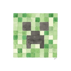 Puede incluir: Una cara verde pixelada con una sonrisa amenazante. La cara está compuesta por pequeños cuadrados, cada uno con un tono de verde diferente. Los ojos y la boca son negros.