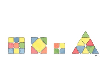 Cube Puzzle Watercolor, reproduction from original watercolor painting