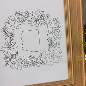 Color + B and W, Arizona Succulent Wreath Art, Watercolor + Black and White, reproduction from original drawing