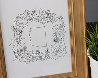 Colore + bianco e nero, Arizona Succulent Wreath Art, acquerello + bianco e nero, riproduzione dal disegno originale