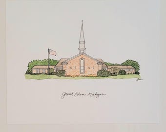 Grand Blanc, Michigan LDS Chapel - Hand Drawn - Watercolor Print