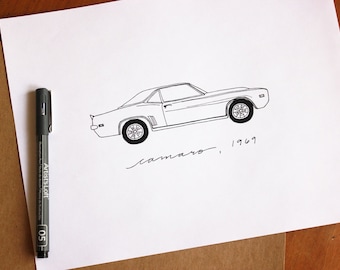 Set di 2, Camaro 1967 + 1969 Line Drawing, riproduzione del disegno a inchiostro originale