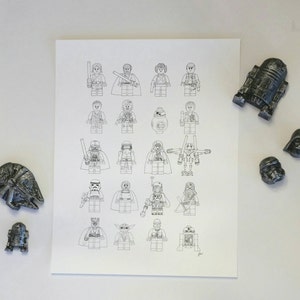 Galactic Brick figures - Vertical Group Layout Line Drawing, reproduction from original ink drawing