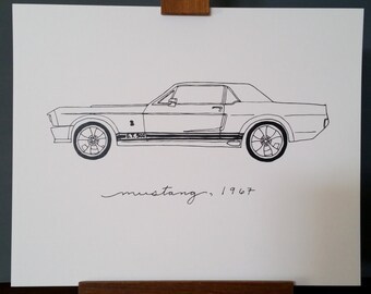 Ford Mustang 1967 Line Drawing, riproduzione del disegno a inchiostro originale