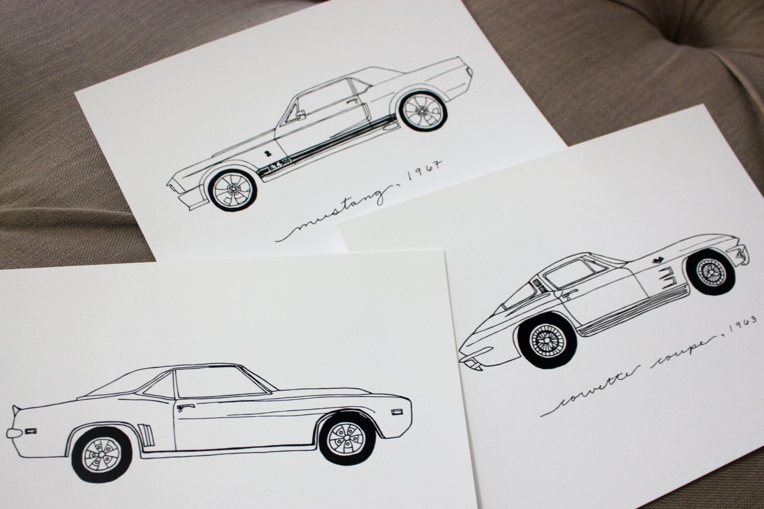 Set of 2, Camaro 1967 + 1969 Line Drawing, Reproduction From Original ...
