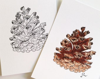 Pinecone Line Drawing, B+W or Color - Digital Download