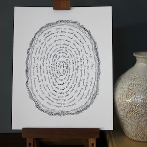 Good Timber Poem written in Calligraphy in Wood Slice Line Drawing, reproduction from original ink drawing