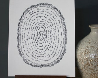Good Timber Poem written in Calligraphy in Wood Slice Line Drawing, reproduction from original ink drawing