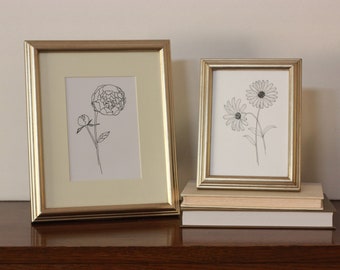 Set of 2, Daisy + Peony Line Drawing, reproduction from original ink drawing