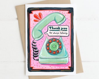 Thank You For Always Listening Retro Phone Hand Painting Handmade Greeting Card