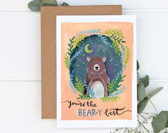 You're the Bear-Y Best Pun Gouache Watercolor Handmade Thinking of You Anniversary Love Greeting Card