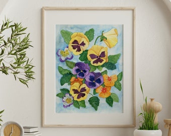 Pansies and Violas 8x10" PRINT Watercolor Reproduction