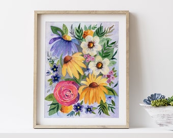 Colorful Daisies 8x10" PRINT Watercolor Reproduction