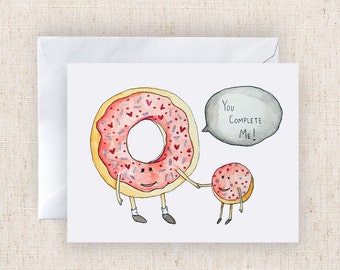 You Complete Me Donut Love Watercolor Handmade Greeting Card Print