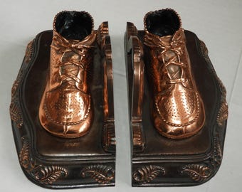 Vintage Bronzed Baby Shoes Copper Colored Bookends Display Set of 2