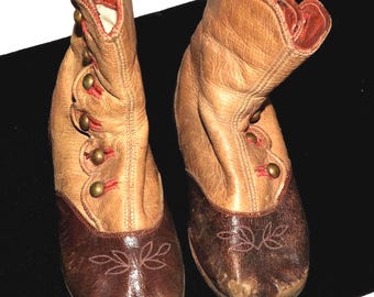 Vintage Antique Victorian Children's Baby Toddler Doll High Top Button Shoes Boots Leather