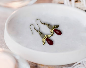 Red Beaded Gold Angel Earrings, Religious Gift, Gift for Best Friend