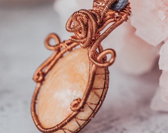 Moonstone Necklace, Copper Wire Wrapped Pendant, Cottage Core Jewelry, Witch Necklace