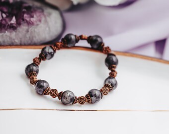 Larvakite Bracelet with Copper Beads, Boho Bracelet, Birthday Gift, Gifts for Men