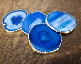 Blue Agate Slices/ Agate Coasters/ Agate Home Decor/ Crystal Home Decor/ Beautiful Gold Leafed Agate Slices