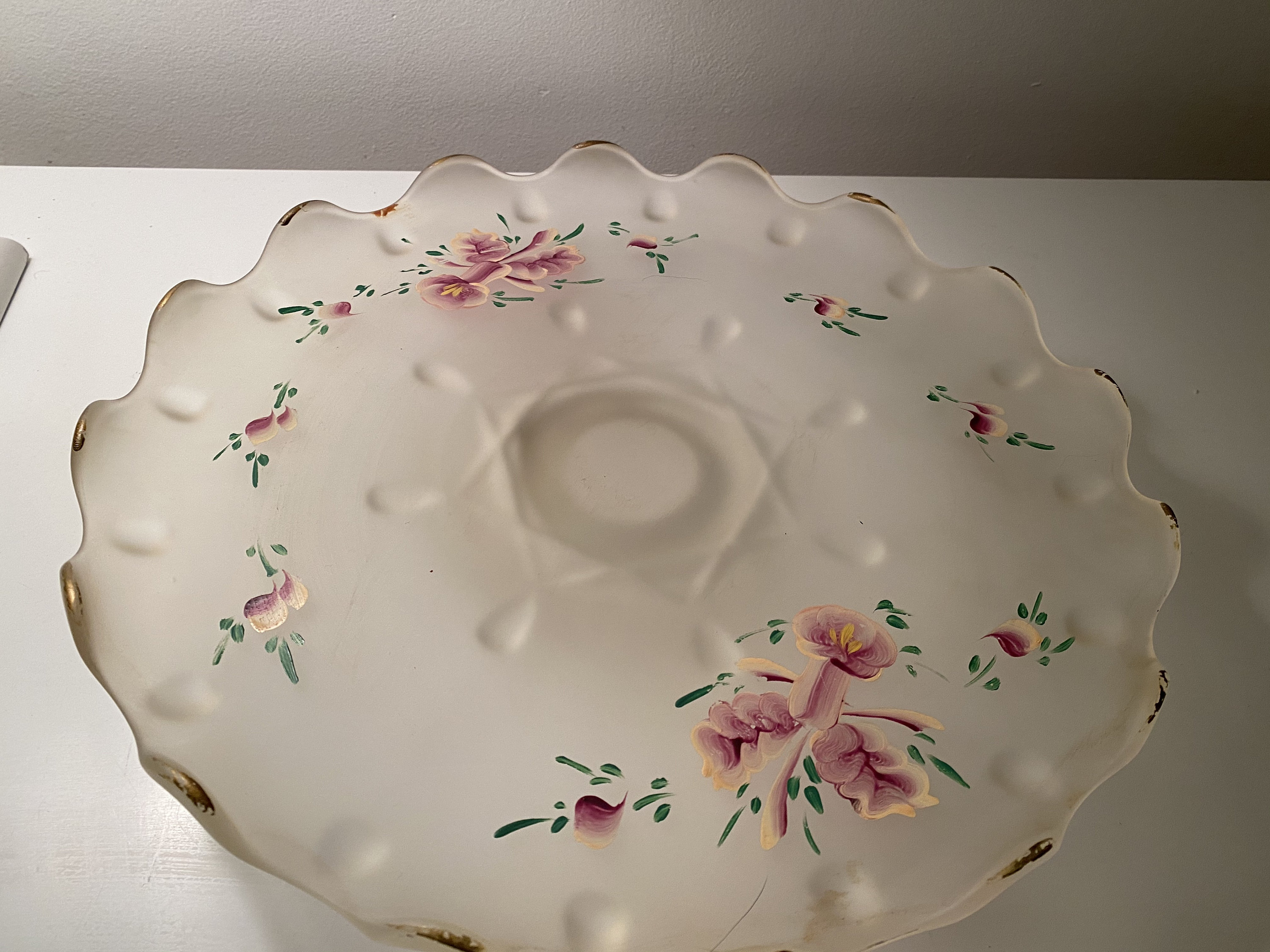 Frosted Hand Painted Glass Pink Floral Footed Pie Plate Etsy