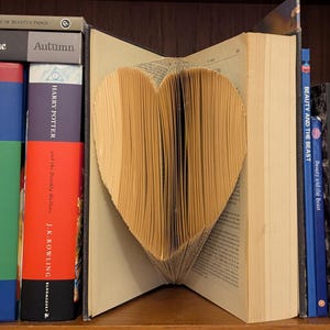 Peut inclure: Une sculpture de livre avec des pages pliées en forme de cœur, placée entre deux rangées de livres reliés variés. La sculpture est réalisée à partir d'un seul livre aux pages couleur crème, affichant du texte sur les bords visibles du papier.