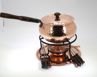 Copper and brass fondue set/ copper pot with support and heater/burner. Vintage Copper and brass set