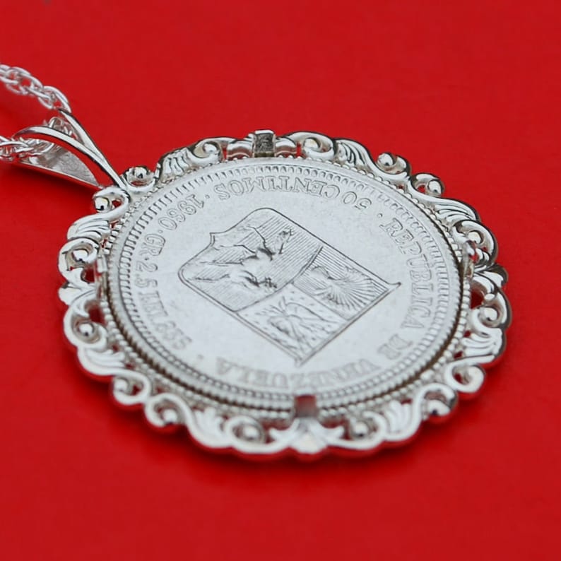 Head of Bolivar 1960 Venezuela 50 Centimos 0.835 Silver BU Unc Coin Soild 925 Sterling Silver Necklace
