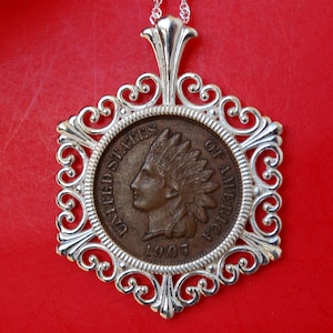 US 1907 Indian Head Small Cent Coin Solid 925 Sterling Silver Necklace NEW - Full Liberty