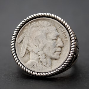 US 1931 Indian Head Buffalo Nickel Coin 925 Sterling Silver Signet Ring NEW - Buffalo Skull Design