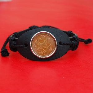 1967 Norway 2 Ore Coin Genuine Black Leather Cuff Bangle Wristband Bracelet NEW - Moor Hen