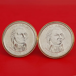 US 2007 Presidential Dollar BU Uncirculated Coin Gold Plated Cufflinks NEW - John Adams ( 1797 ~ 1801  Years Served ) Obverse