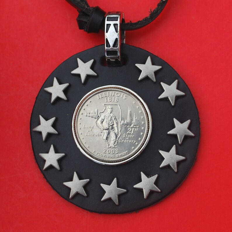 US 2003 State Quarter BU Uncirculated 25 Cent Coin Genuine Black Leather Necklace Missouri Illinois Maine Alabama Arkansas