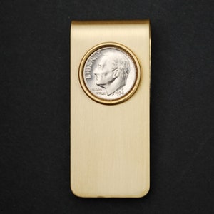 US 1965 ~ Current Year Roosevelt Dime BU 10 Cent Coin Solid Brass Money Clip NEW - High Quality Birth Year Gift - Original Color