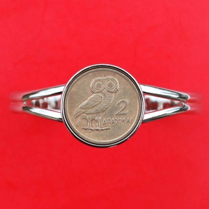 1973 Greece 2 Drachma Athena&#39;s Owl & Phoenix coin Silver Plated Cuff Bracelet - Beautiful