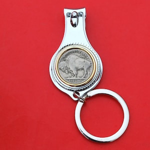 US 1913 ~ 1938 Indian Head Buffalo Nickel 5 Cent Coin All-in-One Key Ring Bottle Opener Nail Cutter Clipper NEW - Showing REVERSE Buffalo