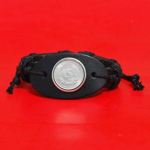 1968 East Germany 5 Pfennig BU Uncirculated Coin Genuine Black Leather Cuff Bangle Wristband Bracelet NEW - State Emblem