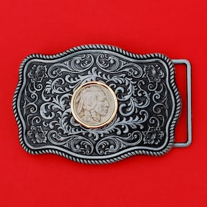 US 1913 ~ 1938 Indian Head Buffalo Nickel 5 Cent Coin Gold Silver Two Tone Belt Buckle NEW - Beautiful Western Scroll Design