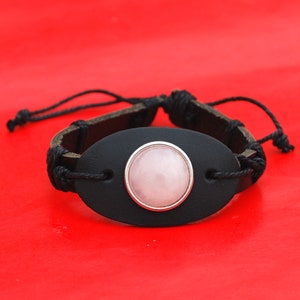 Gorgeous Rose Quartz Cabochon Genuine Black Leather Cuff Bangle Wristband Bracelet NEW