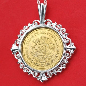 1985 Mexico 20 Pesos National Arms Eagle & Snake Coin 925 Sterling Silver Pendant 20&quot; Sterling Silver Chain NEW - Two Toned