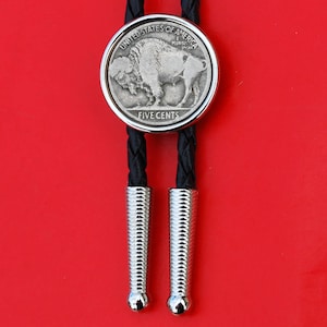 US 1913 ~ 1938 Indian Head Buffalo Nickel 5 Cent Coin Silver Plated Slide 36&quot; Cord Bolo Tie NEW